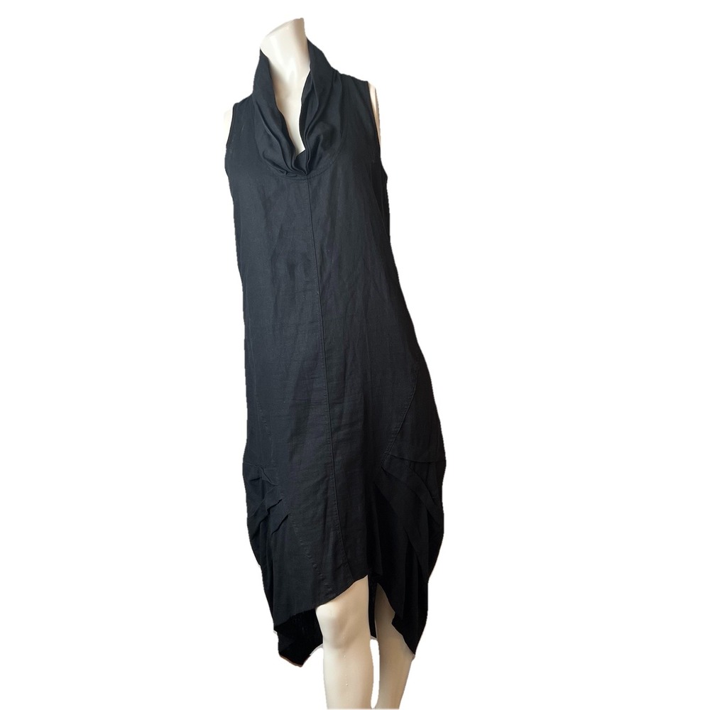 Lina Tomei Size Large Gathered Neck  Black  Hi-Low Pleated Shift Dress Italy